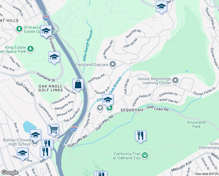 map of restaurants, bars, coffee shops, grocery stores, and more near 4000 Fairway Avenue in Oakland