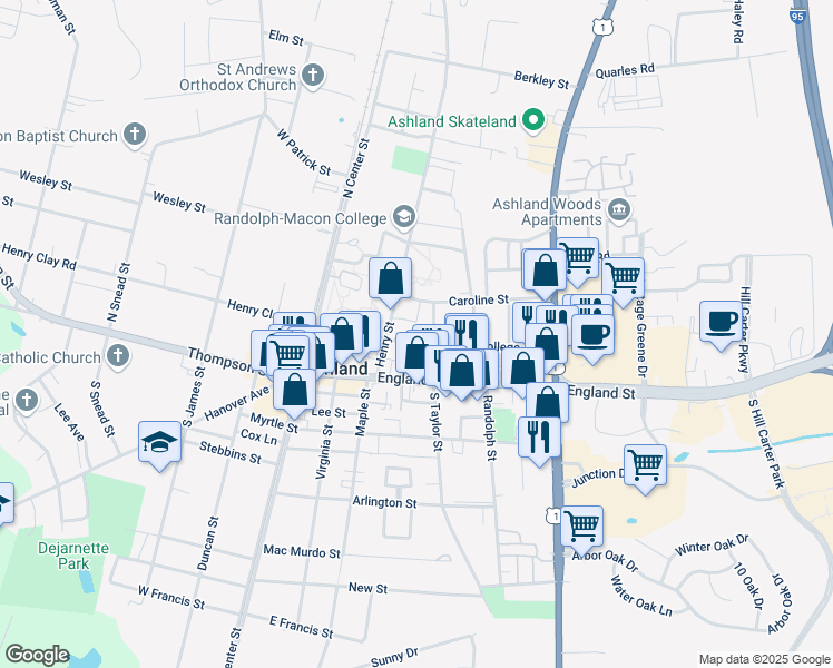 map of restaurants, bars, coffee shops, grocery stores, and more near 209 College Avenue in Ashland