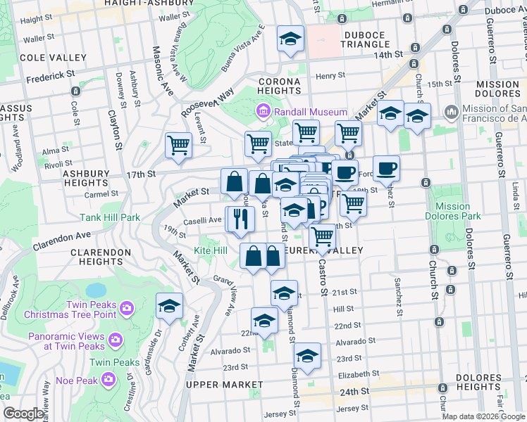 map of restaurants, bars, coffee shops, grocery stores, and more near 130 Eureka Street in San Francisco