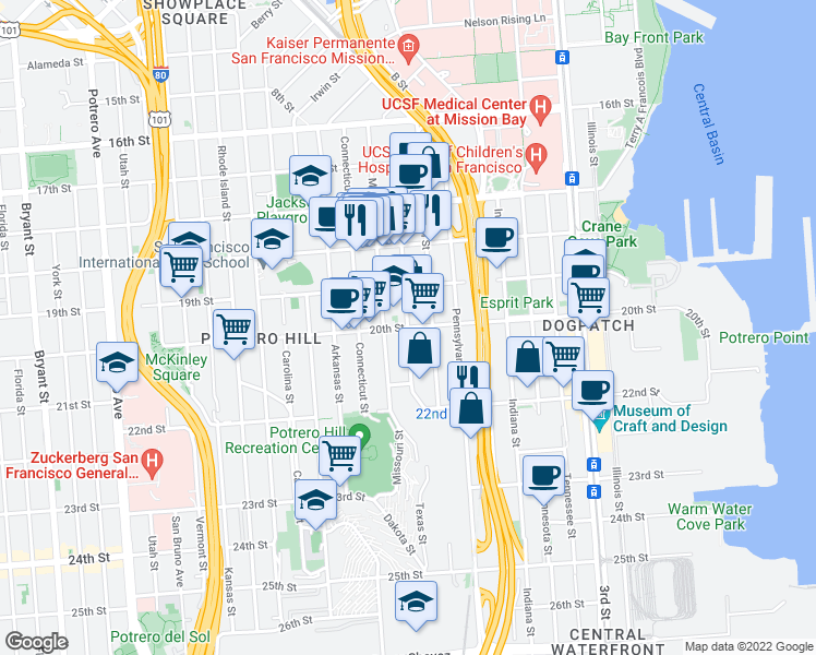 map of restaurants, bars, coffee shops, grocery stores, and more near 20th Street & Texas Street in San Francisco