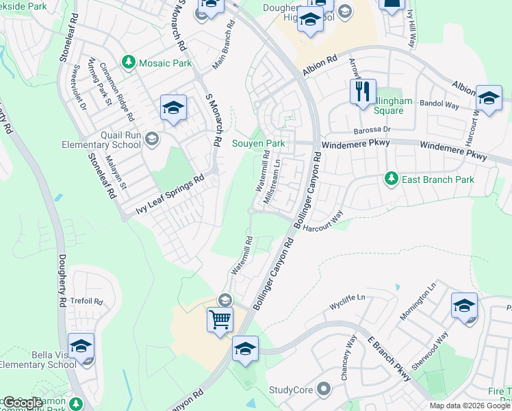 map of restaurants, bars, coffee shops, grocery stores, and more near 12004 Harcourt Way in San Ramon