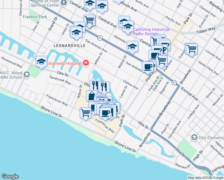 map of restaurants, bars, coffee shops, grocery stores, and more near 853 Cedar Street in Alameda