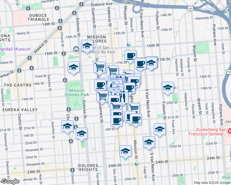map of restaurants, bars, coffee shops, grocery stores, and more near 19th Street & Valencia Street in San Francisco