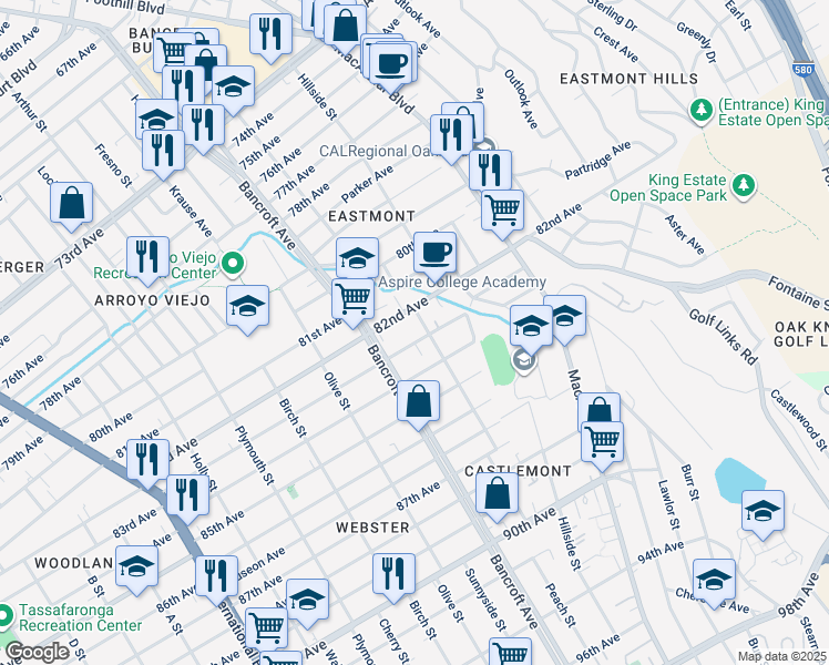 map of restaurants, bars, coffee shops, grocery stores, and more near 2244 83rd Avenue in Oakland