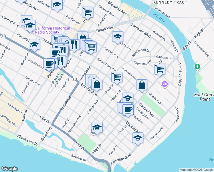 map of restaurants, bars, coffee shops, grocery stores, and more near 1342 Grove Street in Alameda