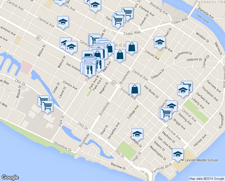 map of restaurants, bars, coffee shops, grocery stores, and more near 1226 Broadway in Alameda