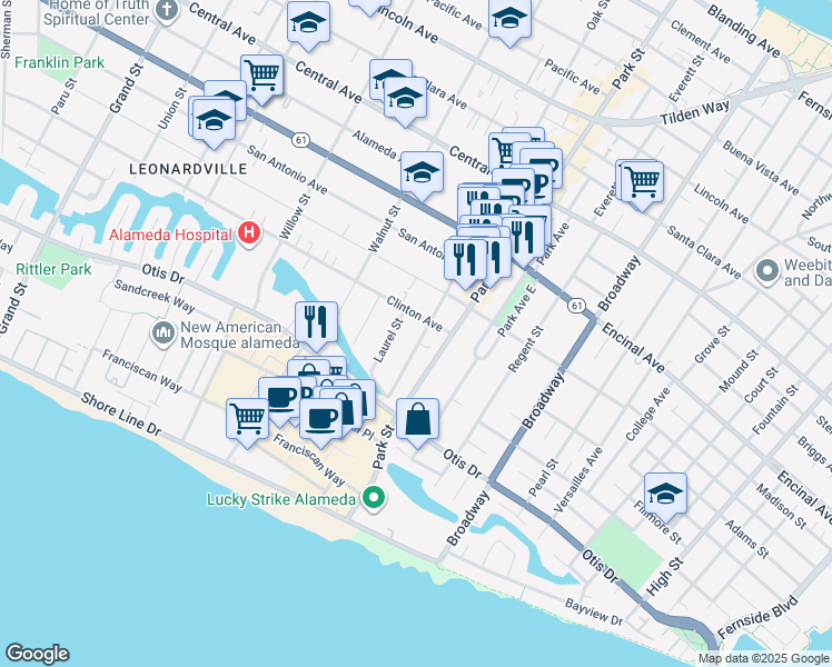 map of restaurants, bars, coffee shops, grocery stores, and more near 981 Park Street in Alameda