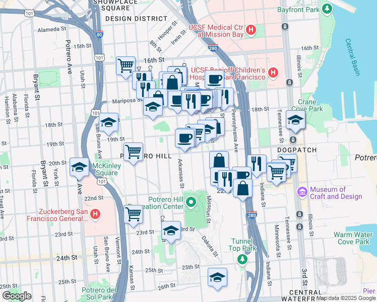 map of restaurants, bars, coffee shops, grocery stores, and more near 1627 20th Street in San Francisco