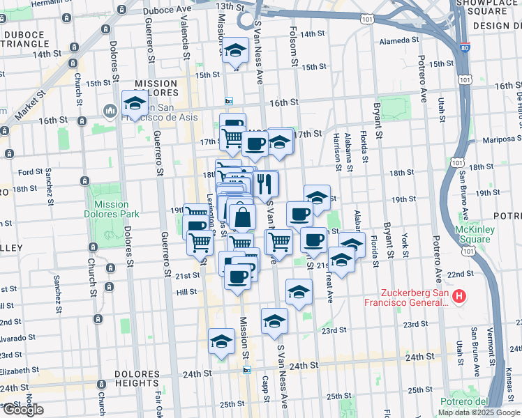 map of restaurants, bars, coffee shops, grocery stores, and more near 850 South Van Ness Avenue in San Francisco