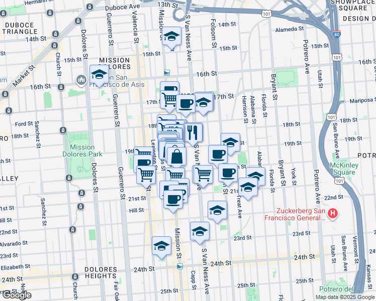 map of restaurants, bars, coffee shops, grocery stores, and more near 850 South Van Ness Avenue in San Francisco