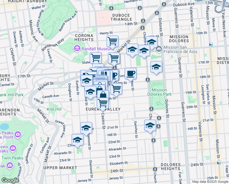 map of restaurants, bars, coffee shops, grocery stores, and more near 153 Hartford Street in San Francisco