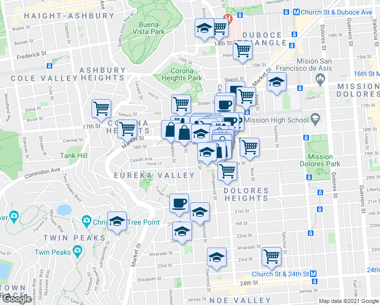 map of restaurants, bars, coffee shops, grocery stores, and more near 149 Eureka Street in San Francisco