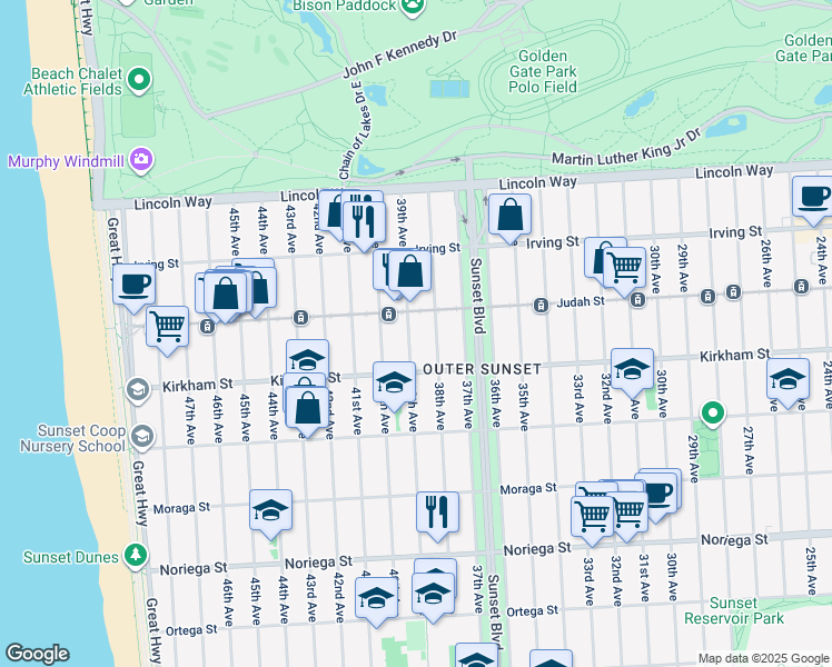 map of restaurants, bars, coffee shops, grocery stores, and more near 1469 38th Avenue in San Francisco