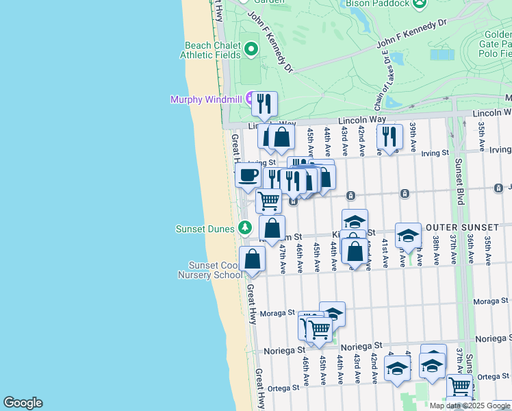 map of restaurants, bars, coffee shops, grocery stores, and more near 1442 48th Avenue in San Francisco