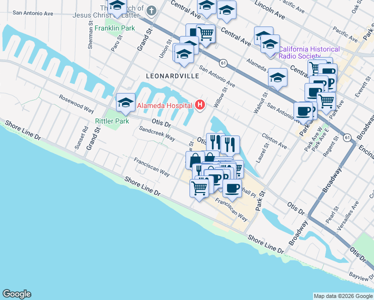 map of restaurants, bars, coffee shops, grocery stores, and more near 2111 Whitehall Place in Alameda