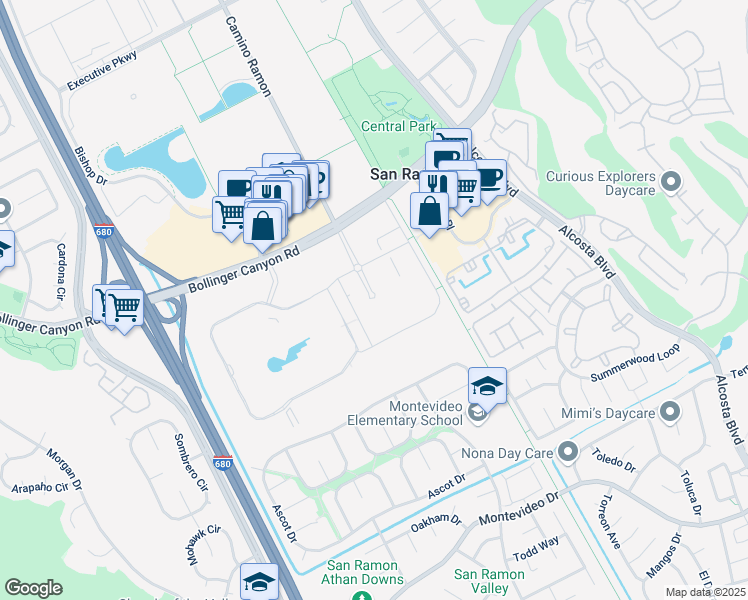 map of restaurants, bars, coffee shops, grocery stores, and more near 6111 Bollinger Canyon Road in San Ramon