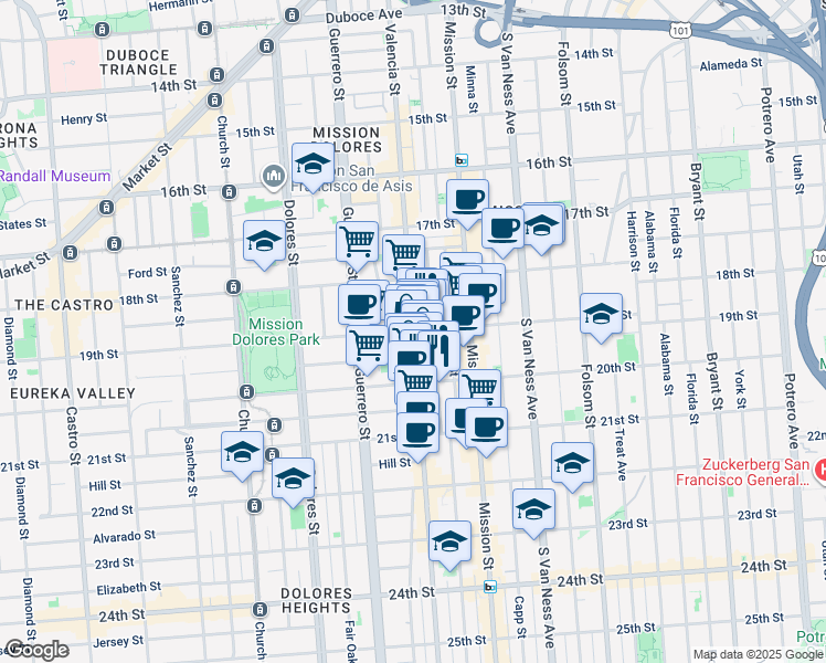 map of restaurants, bars, coffee shops, grocery stores, and more near Valencia St & 19th St in San Francisco