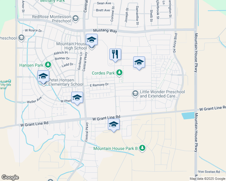 map of restaurants, bars, coffee shops, grocery stores, and more near 205 East Phelps Drive in Tracy
