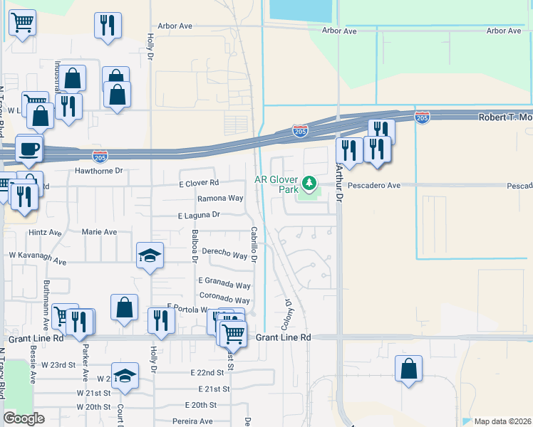 map of restaurants, bars, coffee shops, grocery stores, and more near 3227 Jeanette Court in Tracy