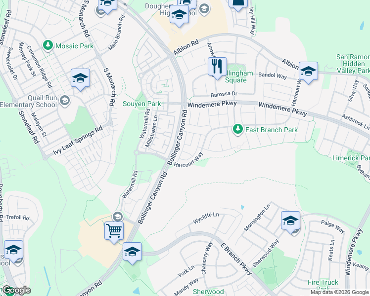 map of restaurants, bars, coffee shops, grocery stores, and more near 2449 Milford Drive in San Ramon