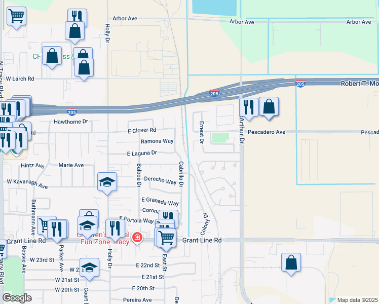 map of restaurants, bars, coffee shops, grocery stores, and more near 3227 Jeanette Court in Tracy