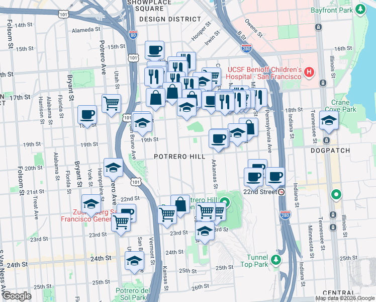 map of restaurants, bars, coffee shops, grocery stores, and more near 719 Carolina Street in San Francisco