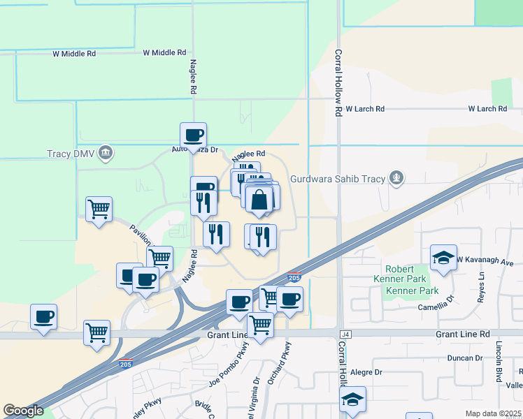 map of restaurants, bars, coffee shops, grocery stores, and more near 3350 Naglee Road in Tracy