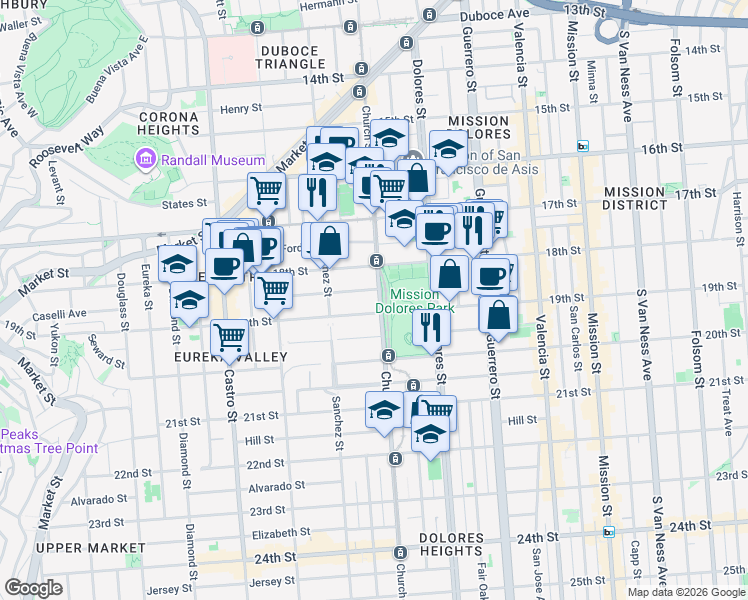 map of restaurants, bars, coffee shops, grocery stores, and more near 700 Church Street in San Francisco