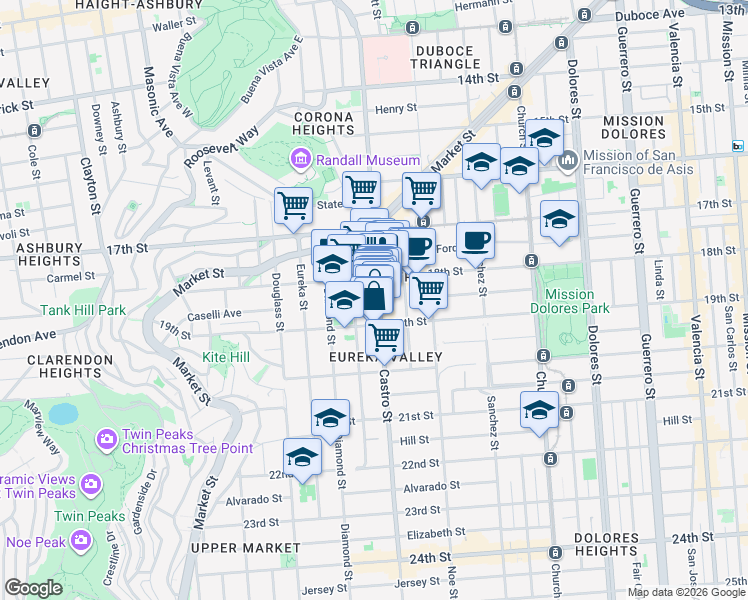 map of restaurants, bars, coffee shops, grocery stores, and more near 544 Castro Street in San Francisco