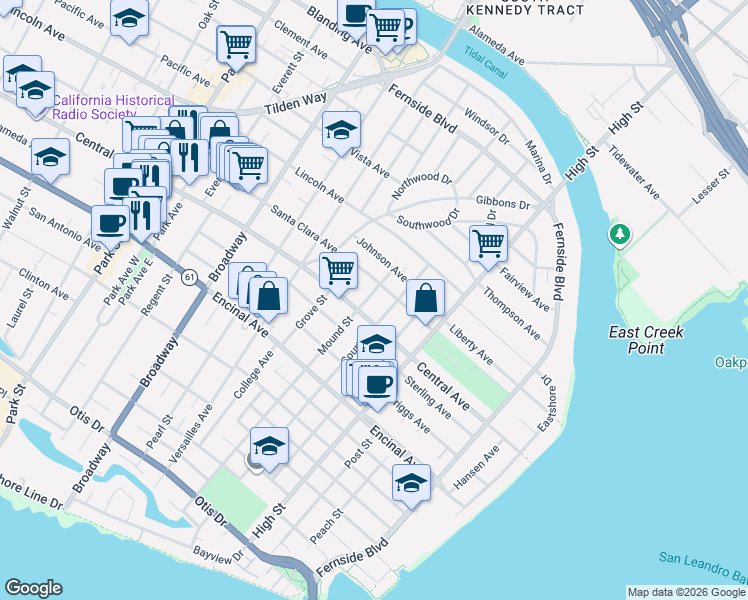 map of restaurants, bars, coffee shops, grocery stores, and more near 1420 Mound Street in Alameda