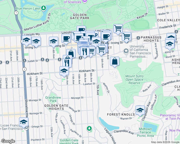 map of restaurants, bars, coffee shops, grocery stores, and more near 1501 8th Avenue in San Francisco