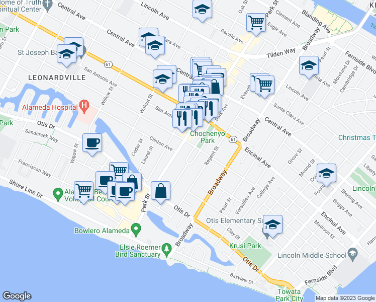 map of restaurants, bars, coffee shops, grocery stores, and more near 1183 Park Avenue in Alameda