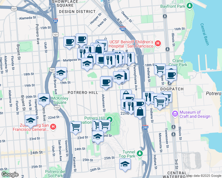 map of restaurants, bars, coffee shops, grocery stores, and more near 521 Connecticut Street in San Francisco