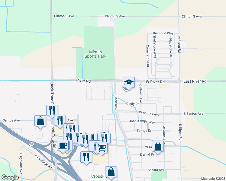 map of restaurants, bars, coffee shops, grocery stores, and more near 1643 Warren Road in Ripon