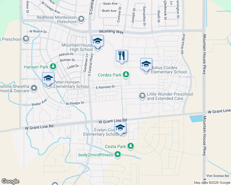 map of restaurants, bars, coffee shops, grocery stores, and more near 168 East Calder Drive in Tracy