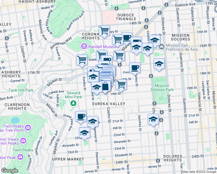 map of restaurants, bars, coffee shops, grocery stores, and more near 595 Castro Street in San Francisco