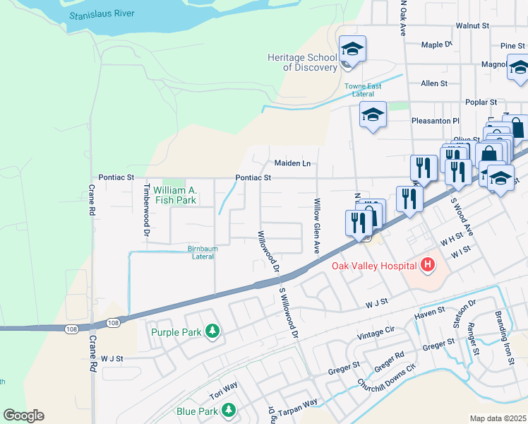 map of restaurants, bars, coffee shops, grocery stores, and more near 55 Willowood Drive in Oakdale