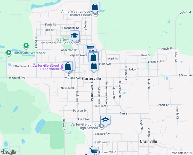 map of restaurants, bars, coffee shops, grocery stores, and more near 142 Walnut St in Carterville