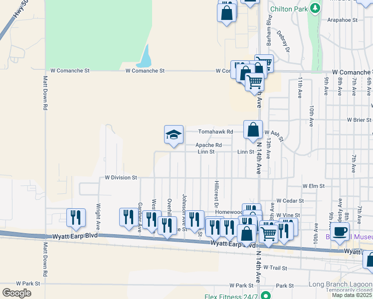 map of restaurants, bars, coffee shops, grocery stores, and more near 1900 Linn Street in Dodge City