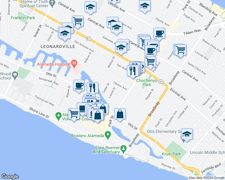 map of restaurants, bars, coffee shops, grocery stores, and more near 858 Laurel Street in Alameda