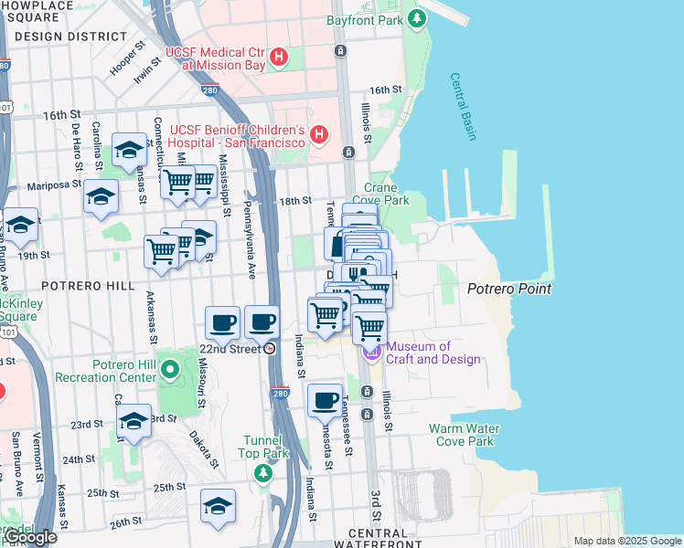 map of restaurants, bars, coffee shops, grocery stores, and more near 909 Tennessee Street in San Francisco