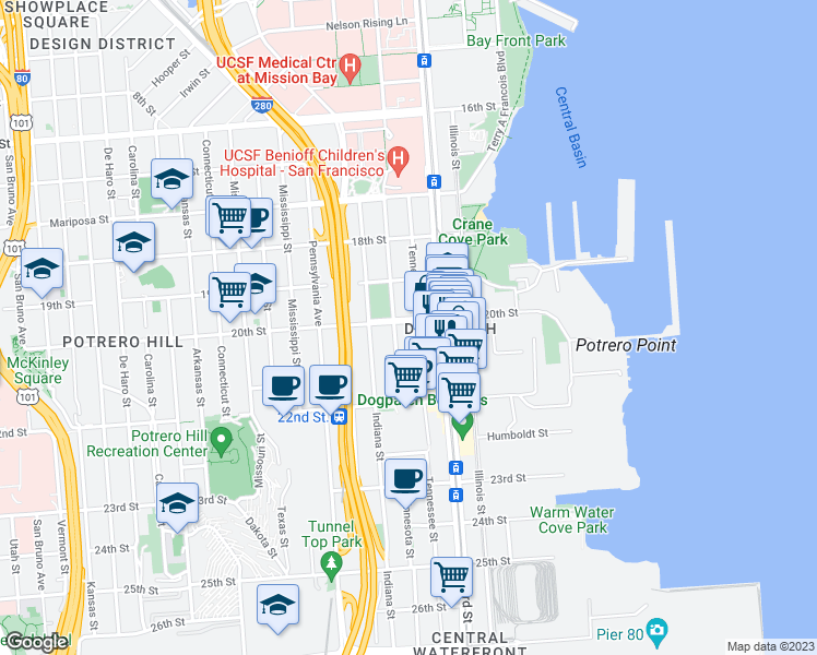map of restaurants, bars, coffee shops, grocery stores, and more near 909 Tennessee Street in San Francisco