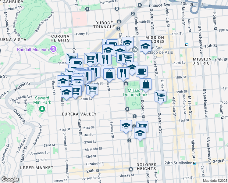 map of restaurants, bars, coffee shops, grocery stores, and more near 3875 19th Street in San Francisco