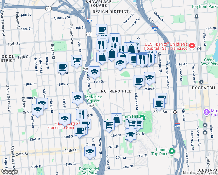 map of restaurants, bars, coffee shops, grocery stores, and more near Rhode Island Street in San Francisco