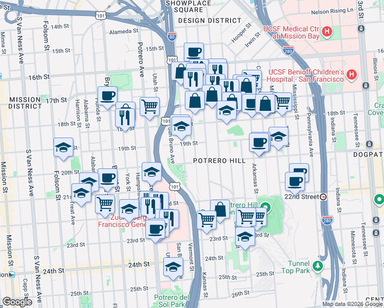 map of restaurants, bars, coffee shops, grocery stores, and more near 813 Kansas Street in San Francisco