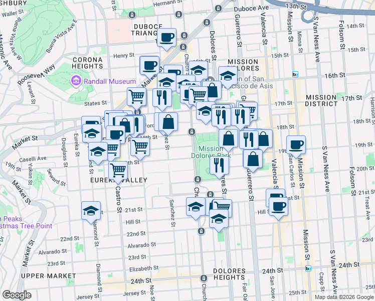 map of restaurants, bars, coffee shops, grocery stores, and more near 700 Church Street in San Francisco