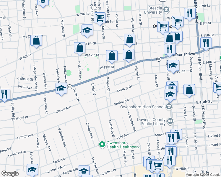 map of restaurants, bars, coffee shops, grocery stores, and more near 1201 Cary Court in Owensboro
