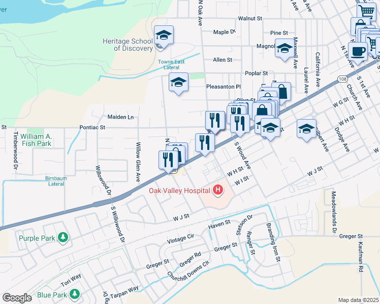 map of restaurants, bars, coffee shops, grocery stores, and more near 1450 West F Street in Oakdale