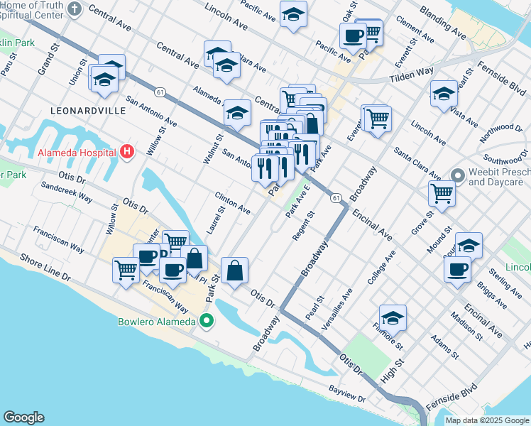 map of restaurants, bars, coffee shops, grocery stores, and more near 1110 Park Street in Alameda