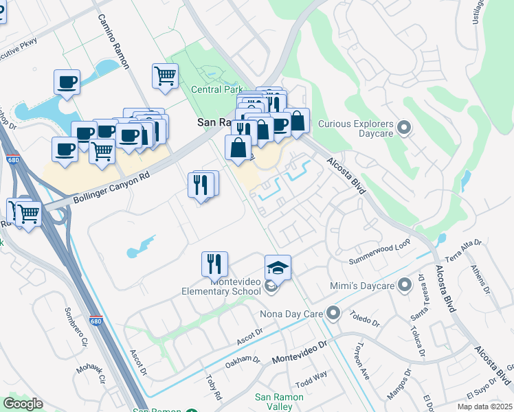 map of restaurants, bars, coffee shops, grocery stores, and more near 450 Reflections Circle in San Ramon